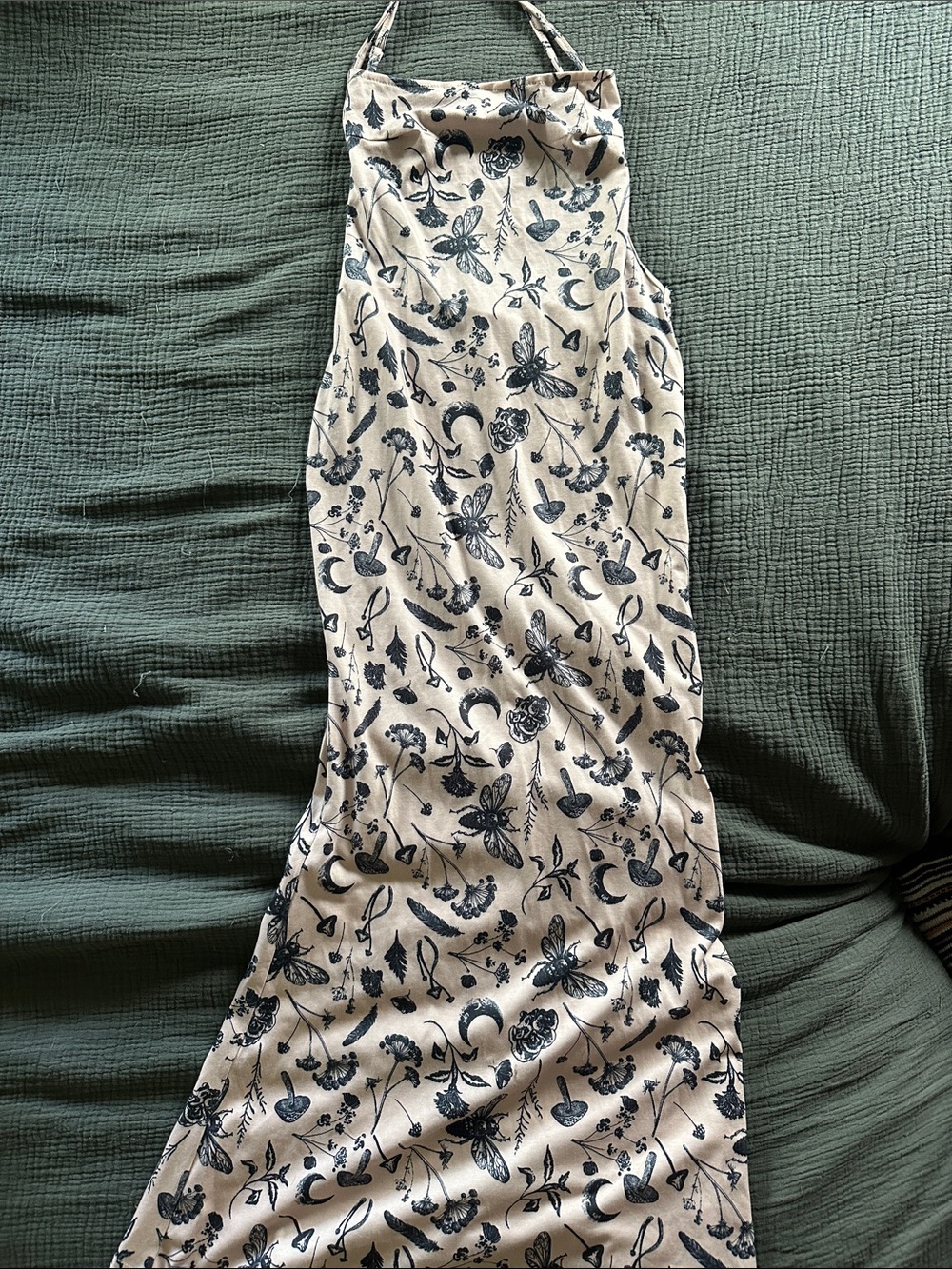 Source Unknown Cream Halter Maxi Dress with Black Floral & Moon Print
